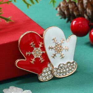 Christmas Brooch Mittens Snowflake crystal enamel